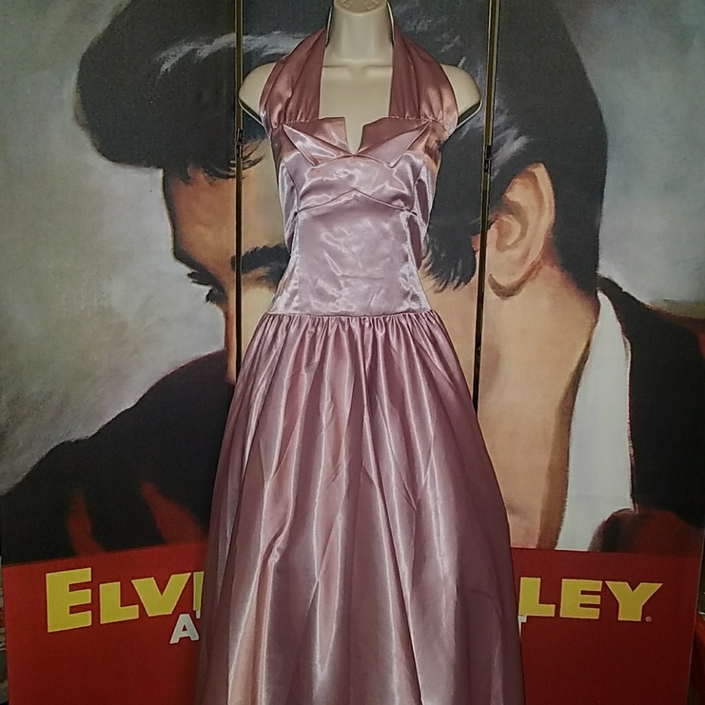 Queen of HeartZ  1950's Pink Satin Halter Pinup Dress w Extra Full Swing Skirt